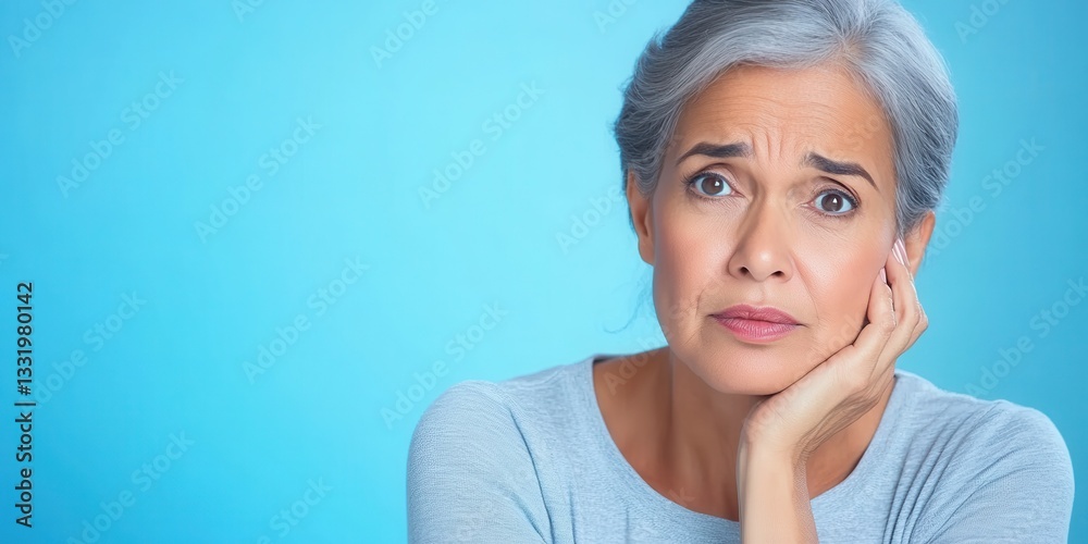 Woman shows concern with a thoughtful expression against a light blue background Woman shows concern with a thoughtful expression against a light blue background