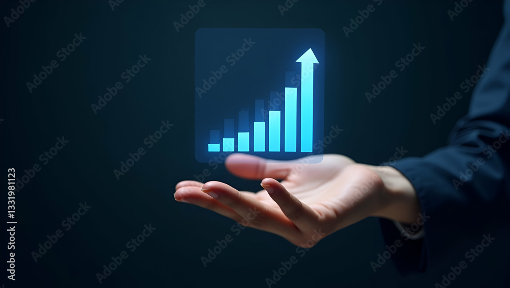 Hand presenting holographic scalability icon symbolizing yield return scalability in financial management within empty space background concept as A hand showcases a holographic scalability icon repre Hand presenting holographic scalability icon symbolizing yield return scalability in financial management within empty space background concept as A hand showcases a holographic scalability icon repre