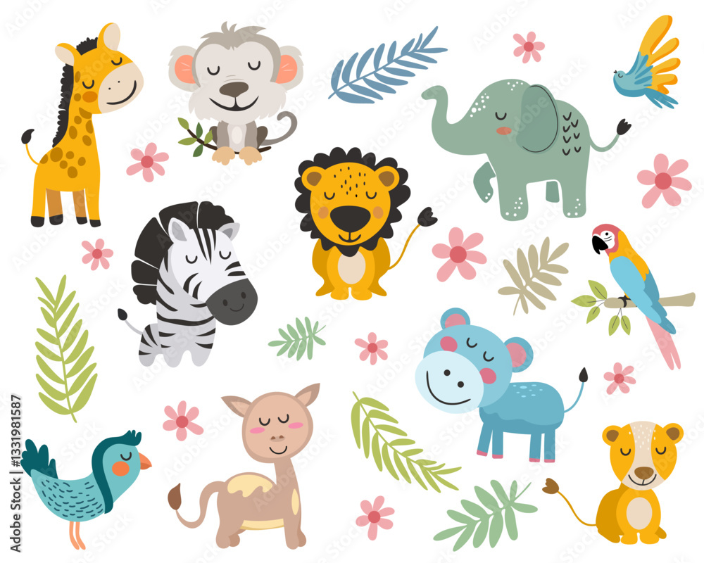 Naklejka premium Cute Jungle Animals Clipart. Set. Vector illistration.