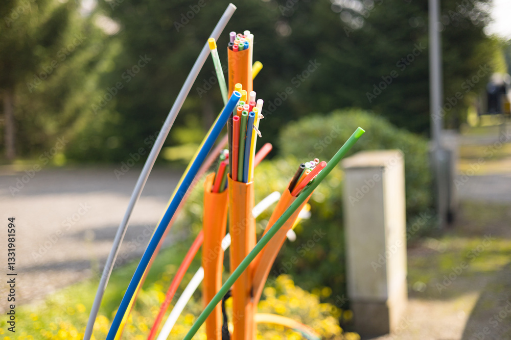 Offene Glasfaser-Verteilerbox mit bunten Glasfaser-Rohren – Breitbandausbau in Wohngebieten, modernes Telekommunikationsnetz für Highspeed-Internet und Digitalisierung.