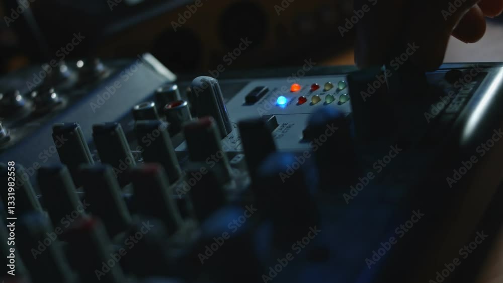 Close-up of fingers adjusting sound mixing console. Mixer console for sound production in recording studio. Poor light