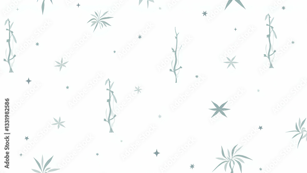 Obraz premium Flat Bamboo and stars seamless pattern celestial isolated white background ideal for night textiles branding packaging concept as Celestial bamboo and stars seamless pattern on white background perfec