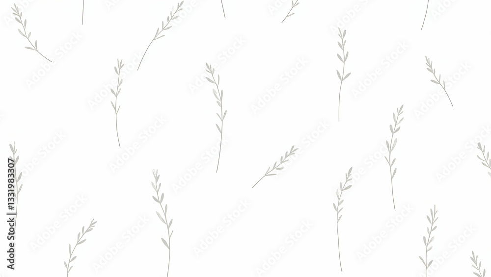 Fototapeta premium Elegant Heather Sprigs Seamless Pattern on White Background: Perfect for Wedding Textiles, Branding, and Packaging Designs with Ample Empty Space on the Left