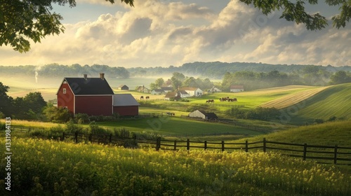 Picturesque Amish Farmstead with Horses Grazing in a Peaceful Rural Landscape