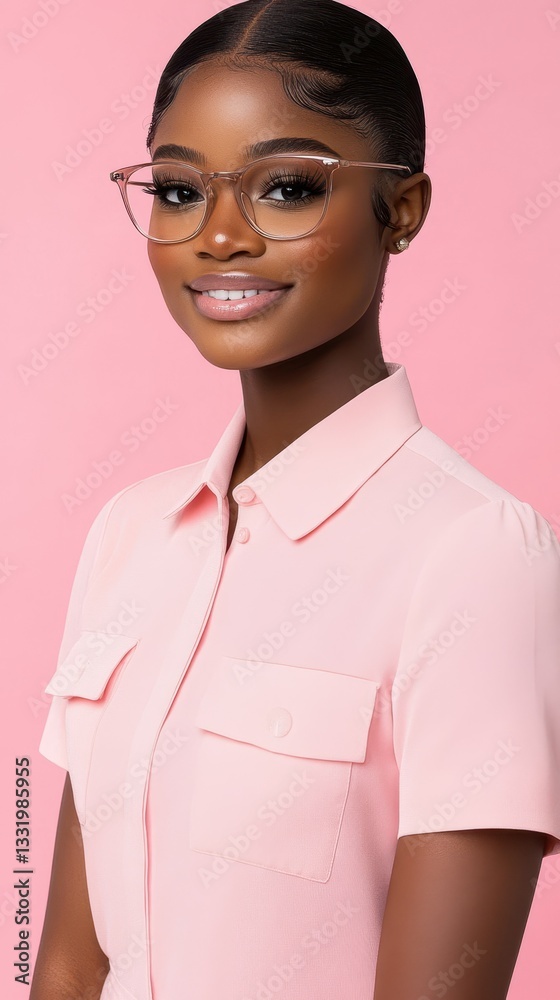 Young woman smiling wearing glasses and a pink blouse against a pastel background in a bright, cheerful atmosphere Young woman smiling wearing glasses and a pink blouse against a pastel background in a bright, cheerful atmosphere