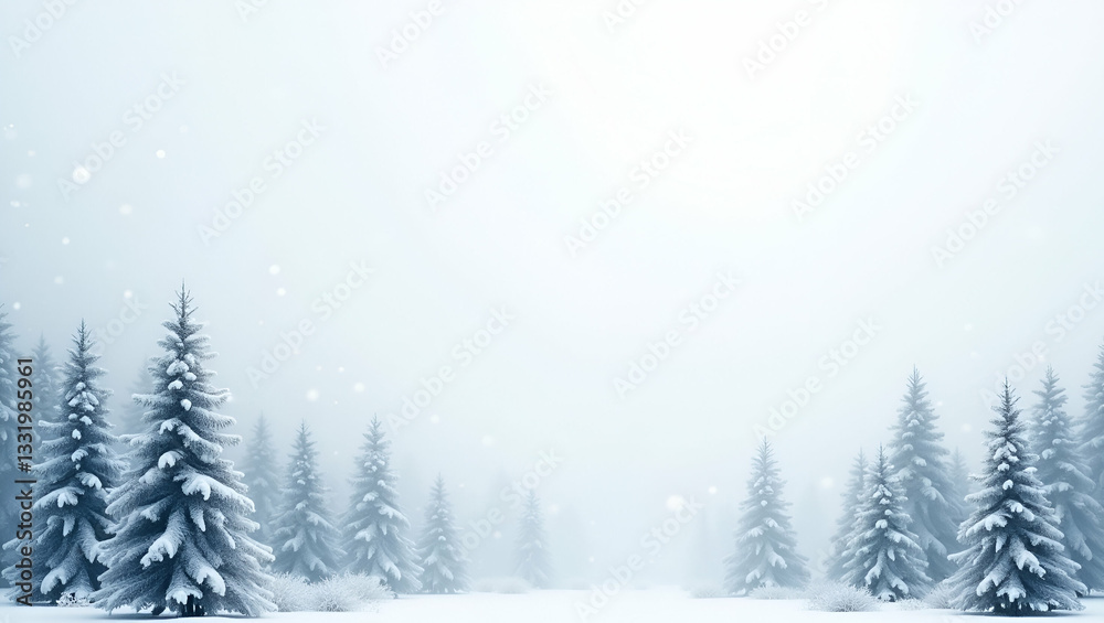 Naklejka premium Quiet Winter Snow Pattern with Frosted Pine Trees and Soft Snowflakes - Perfect for a Peaceful Winter Scene in Photo Stock with Empty Space for Text on the Left Side
