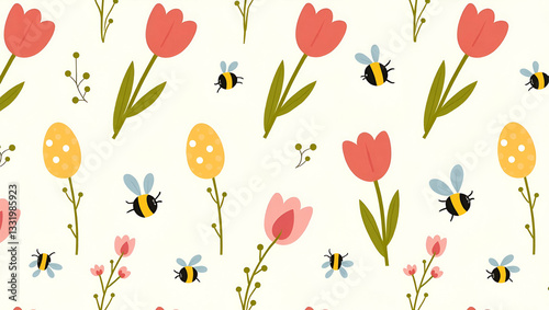 Wallpaper Mural Vibrant Easter Tulips and Bees: A Seamless Tile Pattern Featuring Lively Spring Elements in a Simple Flat Vector Illustration for Smart Business Designs Torontodigital.ca
