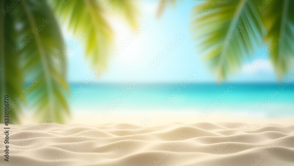 Fototapeta premium Flat Sand with Blurred Palm Trees: A Tropical Beach Bokeh Background Capturing the Essence of Summer Vacation and Travel - Perfect for Relaxation and Adventure Visuals in Vector Illustration