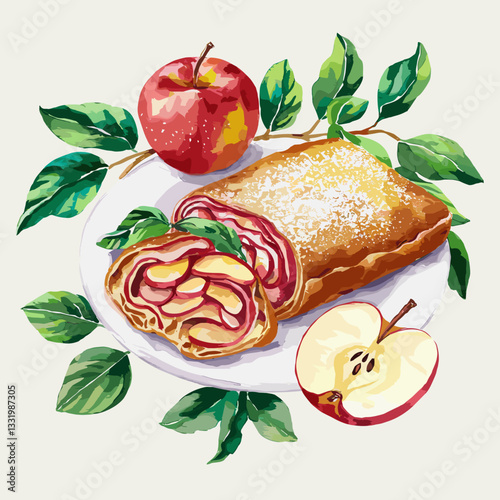 Watercolor Apple Strudel with Fresh Apples