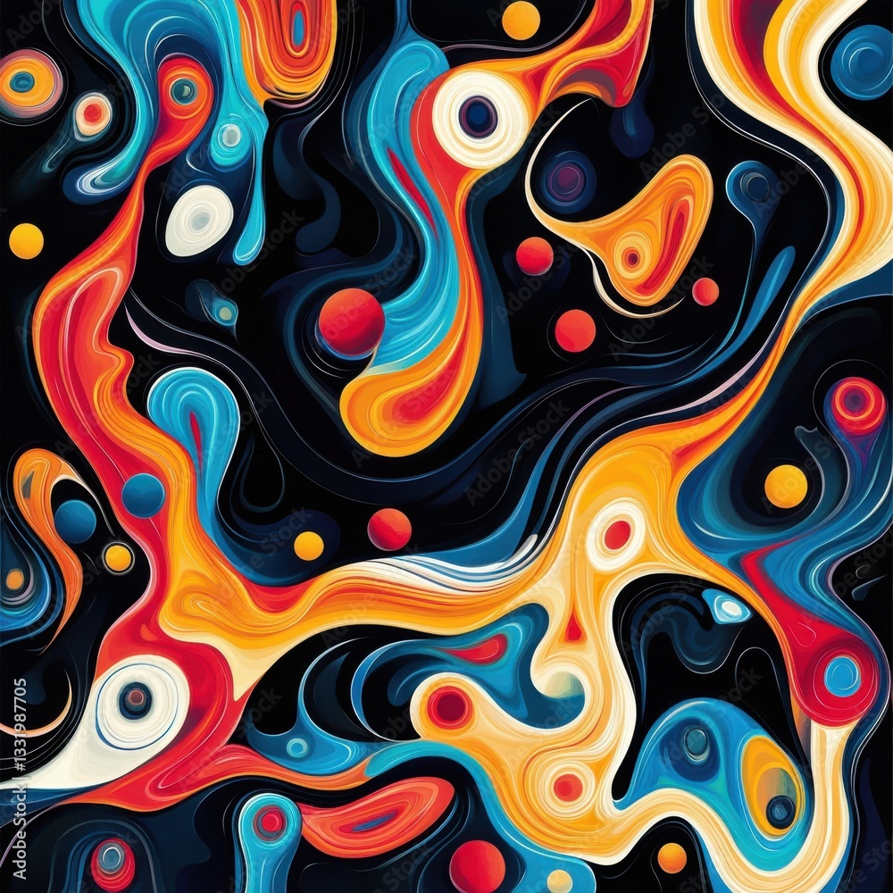 Bold abstract rhythm on stark black field, vector art style, vibrant colors, seamless game tile with flowing liquid effect, retro-abstract vibe concept Bold abstract rhythm on stark black field, vector art style, vibrant colors, seamless game tile with flowing liquid effect, retro-abstract vibe concept