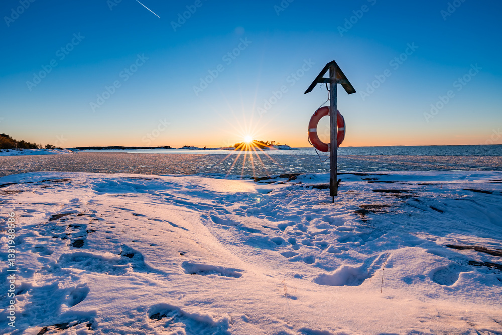 winter seascape at sunset