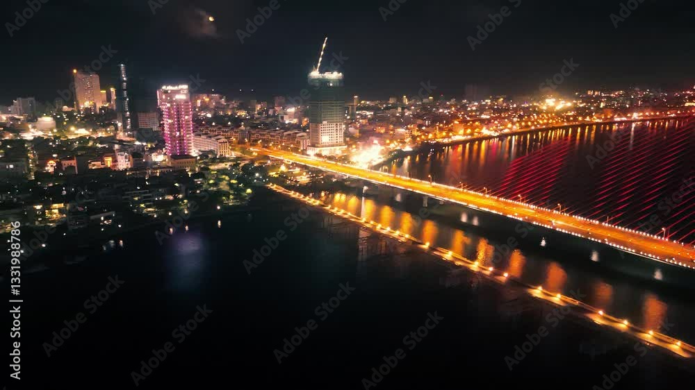 Illuminated dragon bridge arching over han river, reflecting luminous cityscape, transforming da nang's nighttime panorama with architectural elegance and vibrant urban energy Illuminated dragon bridge arching over han river, reflecting luminous cityscape, transforming da nang's nighttime panorama with architectural elegance and vibrant urban energy