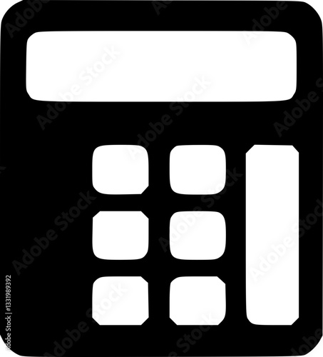 Detailed monochrome illustration of a scientific calculator with buttons and display in black and white style for technology education math science and academic designs