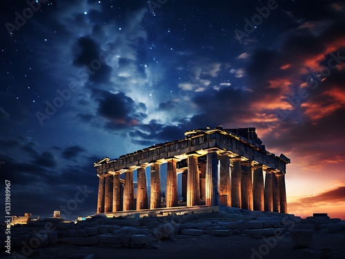 Ancient Temple Illuminated Under a Starry Sky