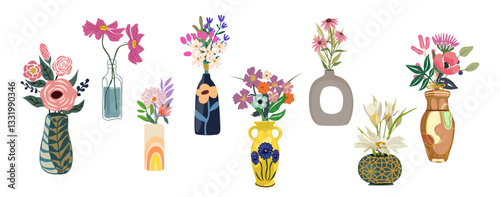 Set of wild and garden blooming flowers in vases and bottles. Collection of bouquets, decorative floral design elements. Vector colorful illustrations isolated