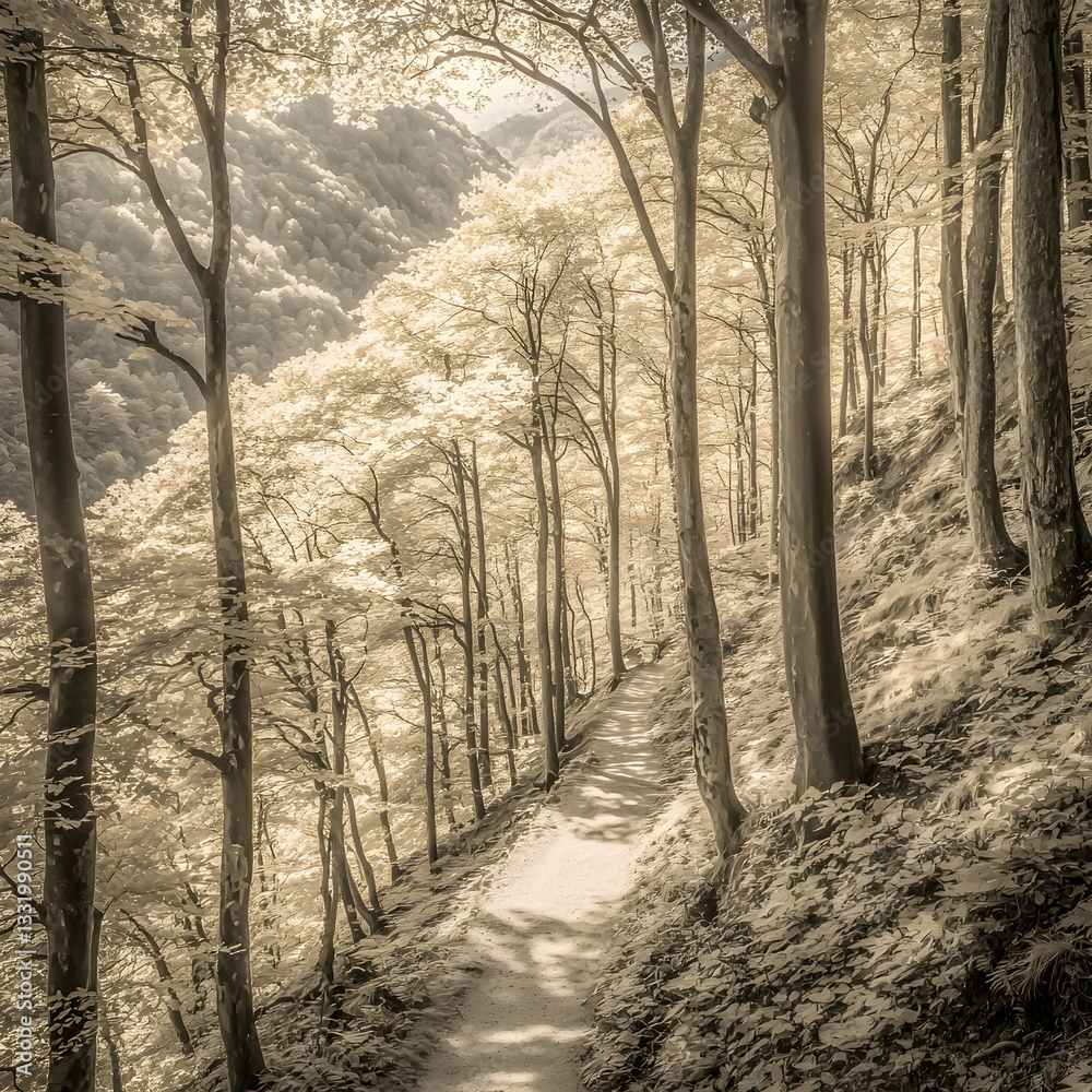 Fototapeta premium Sunlit path through beech forest, hillside background, nature photography, ideal for travel brochures