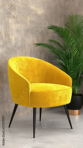 Bright yellow chair placed next to a green plant in a stylish interior setting with textured walls