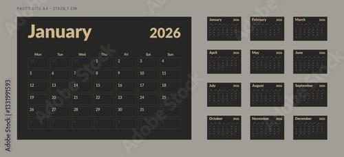 2026 Calendar Planner Set of Template 12 Monthly Page for Company or Personal use. Vector layout of a wall or desk organizer with week start Monday for print. Page for size A4-21x29.7cm in dark color