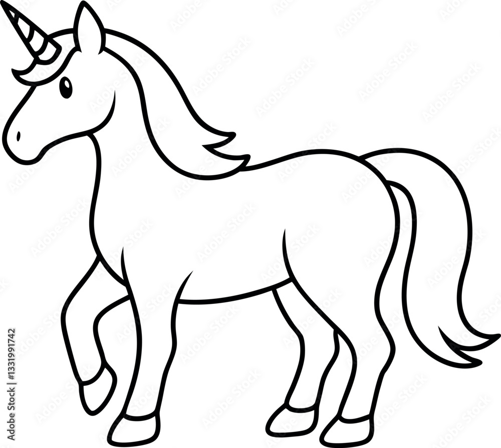Black and white unicorn line art design for kids' coloring book pages.
Black and white unicorn line art design for kids' coloring book pages.
