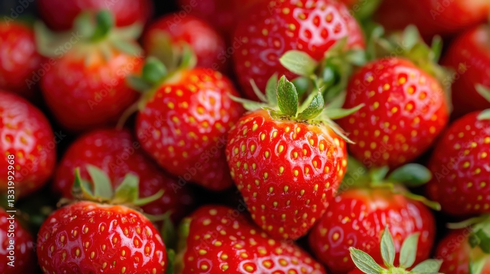 Fresh ripe strawberries with juicy red texture and green leaves Fresh ripe strawberries with juicy red texture and green leaves