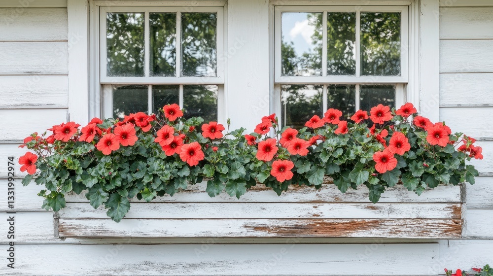 Naklejka premium Rustic white window box overflowing with vibrant red flowers