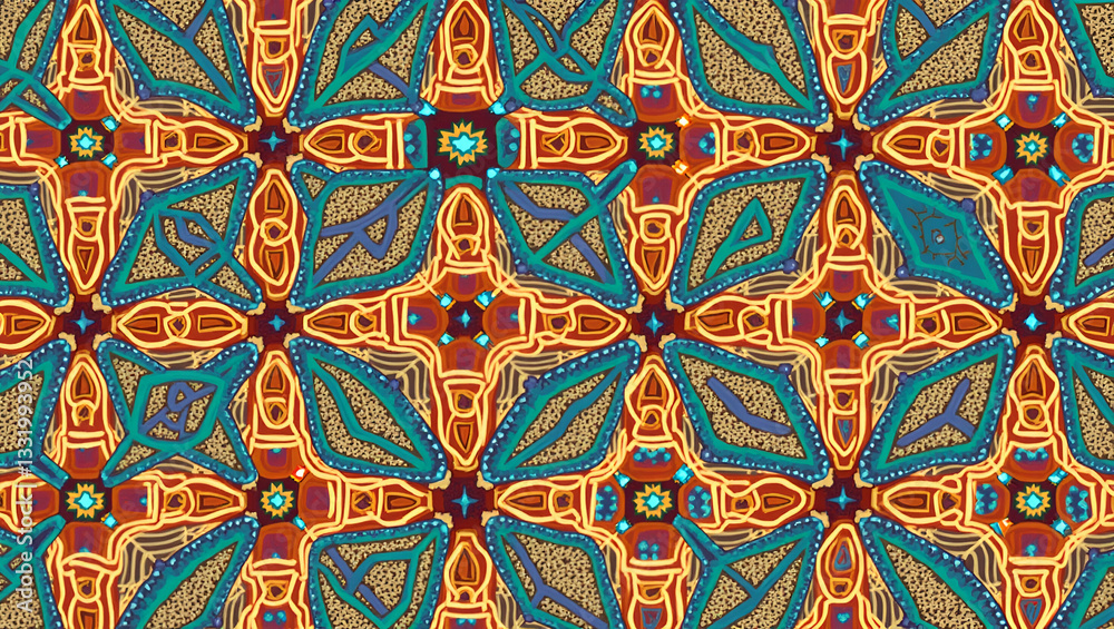 Flat Create seamless pattern using South American tribal designs with vibrant colors and organic shapes for modern tiles. concept as Reflect the richness of South American culture with tribal inspired