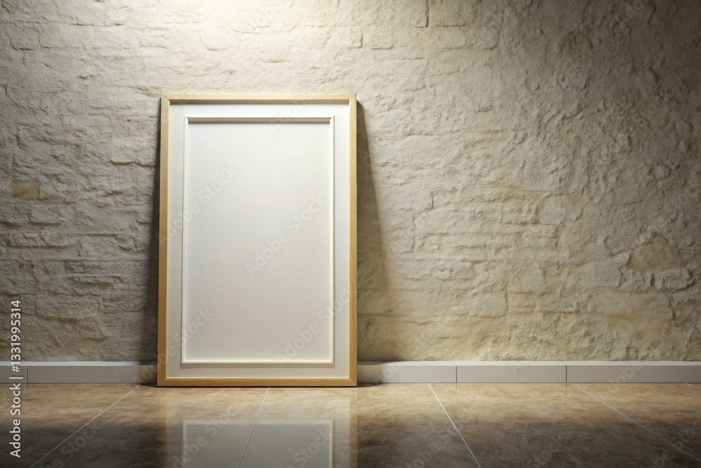 A pristine white room mockup features an empty frame against a white wall and coquina floor, high-definition image. A pristine white room mockup features an empty frame against a white wall and coquina floor, high-definition image.