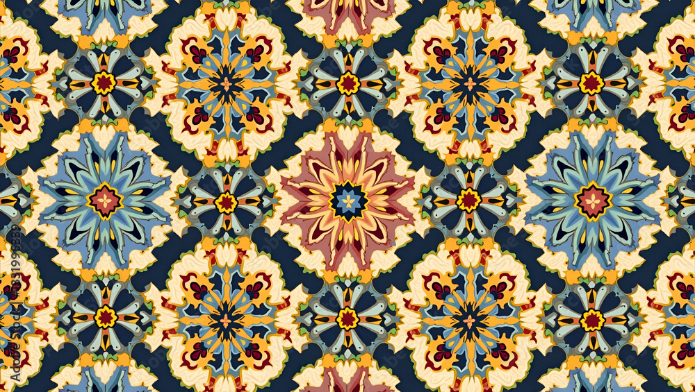 Exquisite Flat Middle Eastern Islamic Patterns: Seamless Tile Design with Intricate Arabesques and Rich Colors for Exotic Home Decor - Perfect for Stylish and Elegant Interiors Exquisite Flat Middle Eastern Islamic Patterns: Seamless Tile Design with Intricate Arabesques and Rich Colors for Exotic Home Decor - Perfect for Stylish and Elegant Interiors