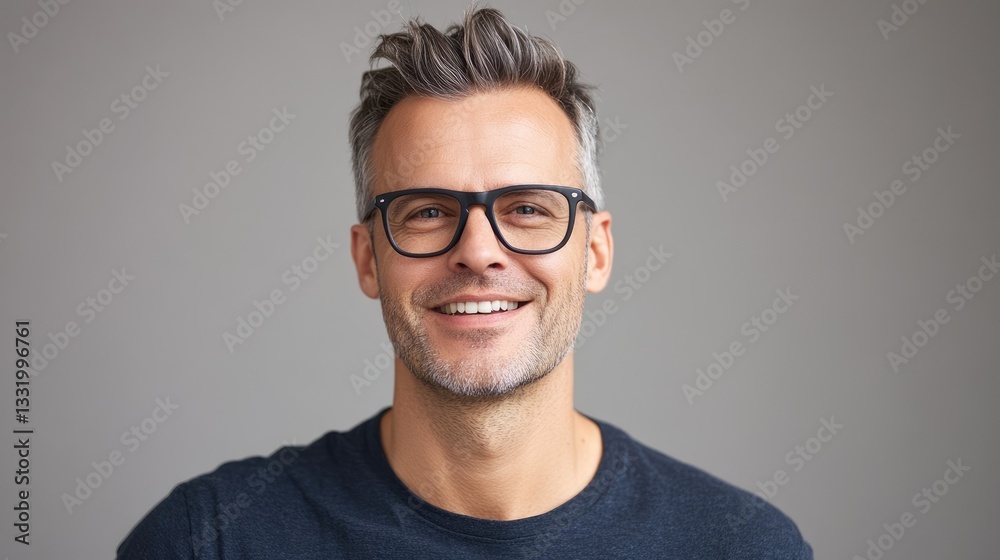 Goofy man with glasses showcasing happiness and quirky facial expressions against a grey studio backdrop. Character-driven model exhibiting comedic reactions.