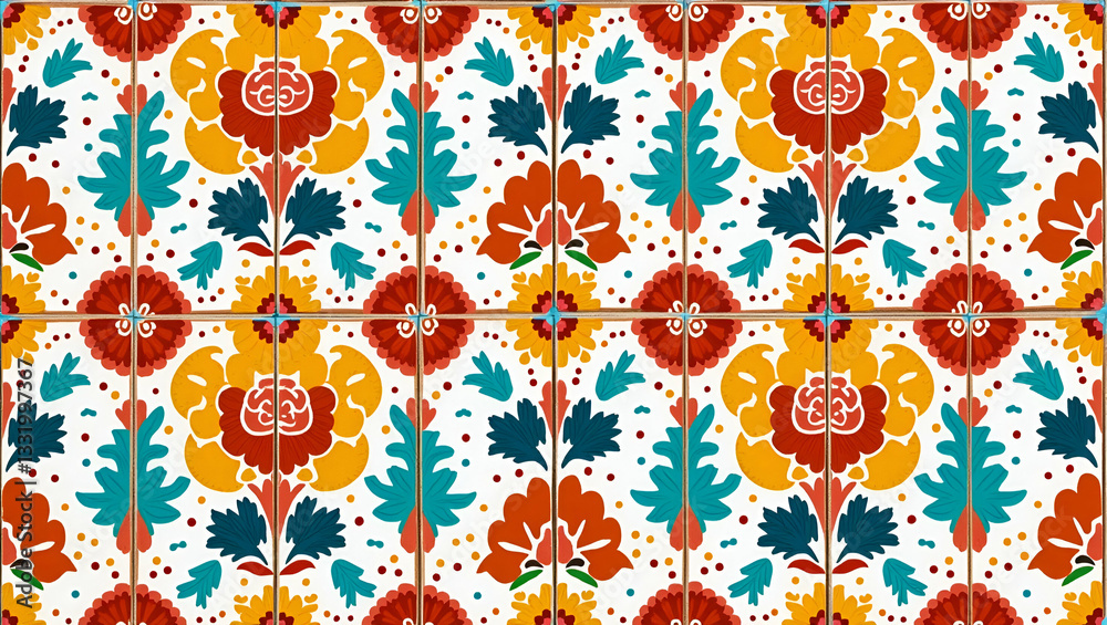 Fototapeta premium Vibrant Mexican Floral Tile Pattern for Festive Home Decor