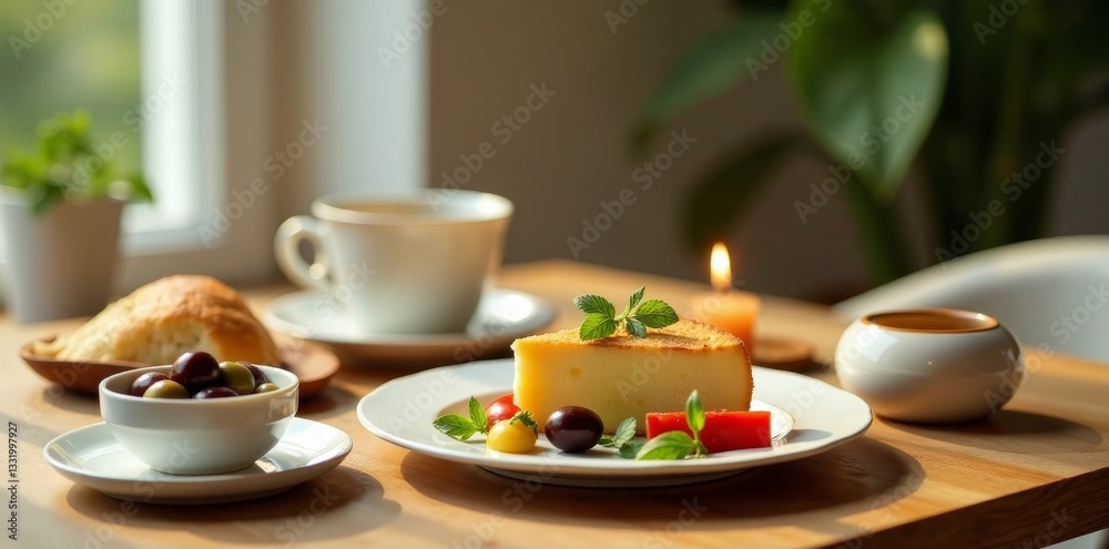 Peaceful morning sunlight illuminates a table setting featuring a slice of cake, olives, a pastry, and a cup of coffee. Peaceful morning sunlight illuminates a table setting featuring a slice of cake, olives, a pastry, and a cup of coffee.