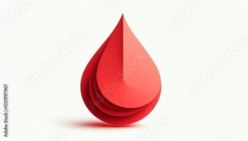 Abstract red layered drop shape on white background. Minimalist 3D paper cut style illustration for health, donation, and medical themes
