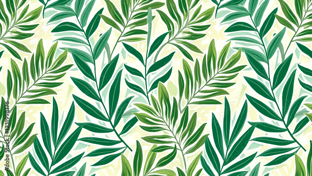 Fototapeta premium Vibrant Summer Jungle Leaves Seamless Pattern for Outdoor Decor - Bright Green Tropical Foliage Design with Empty Space for Customization in Photo Stock Concept