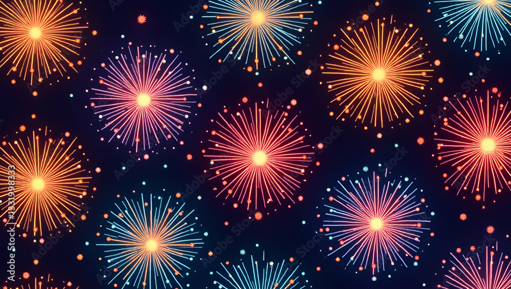 Fototapeta premium Vibrant Diwali Fireworks Seamless Tile Pattern: Sparkling Effects for Festive Home Decor with Empty Space on the Left for Customization in Photo Stock