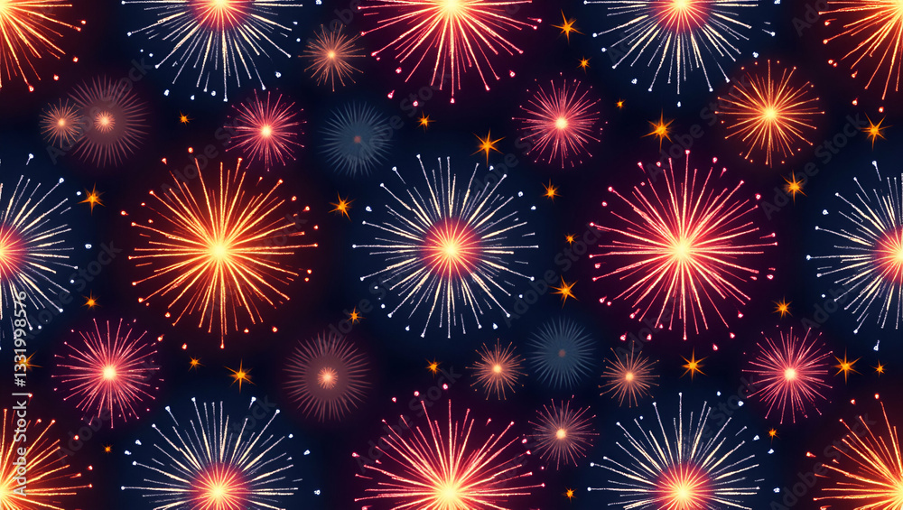 Fototapeta premium Vibrant Diwali Fireworks Seamless Tile Pattern with Sparkling Effects for Festive Home Decor - Perfect for Stock Photos with Empty Space on the Left for Customization