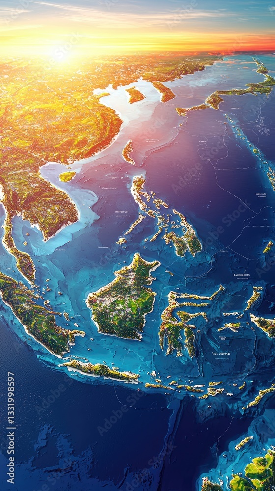 Fototapeta premium Southeast Asia Geographic Map, Sunrise View, Detailed Topography. Possible Use Educational, Presentation