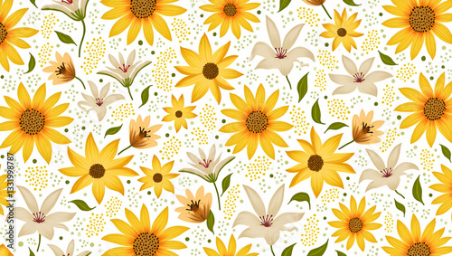 Wallpaper Mural Bold and Vibrant Spring Flower Seamless Pattern: Energetic Lilies and Sunflowers for Bright, Lively Rooms - A Simple Flat Cute Vector Illustration for Smart Business Decor Torontodigital.ca