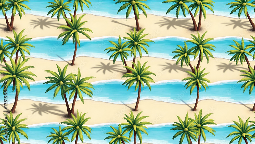 Obraz premium Tropical Island Seamless Tile Pattern: Palm Trees, Bright Sun & Sandy Beaches for Summer Vibes