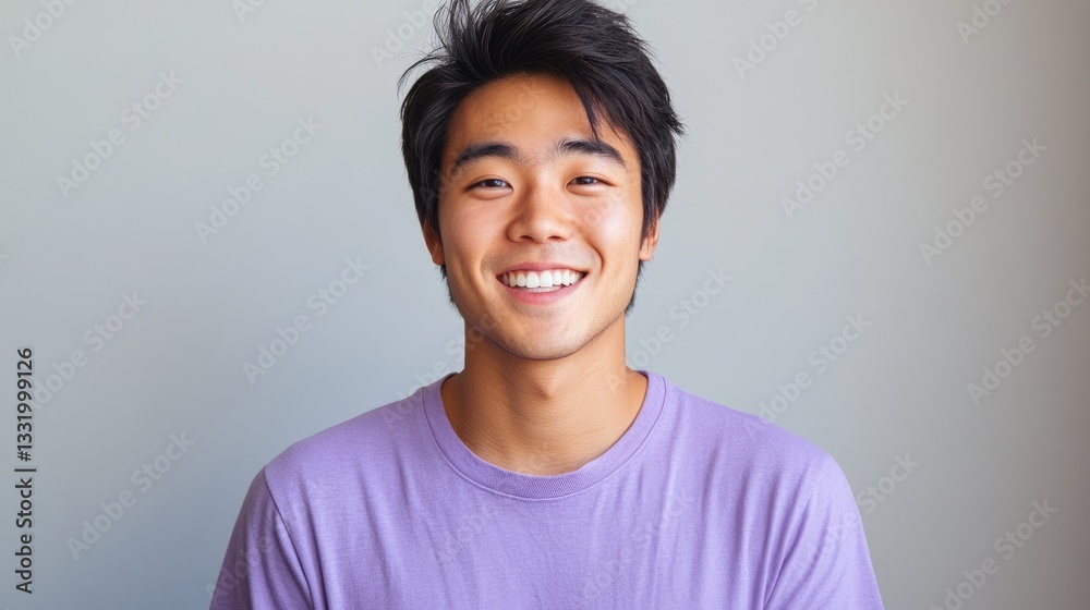 Smiling young Asian man wearing a lavender t-shirt against a plain background, showcasing his cheerful demeanor and relaxed style. Smiling young Asian man wearing a lavender t-shirt against a plain background, showcasing his cheerful demeanor and relaxed style.