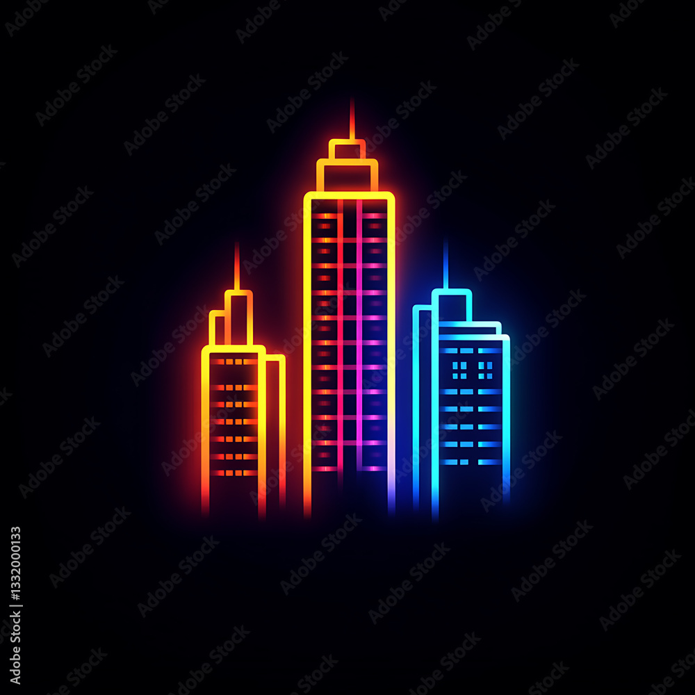 City skyline illuminated in vibrant colors against a dark background showcasing modern architecture and urban life