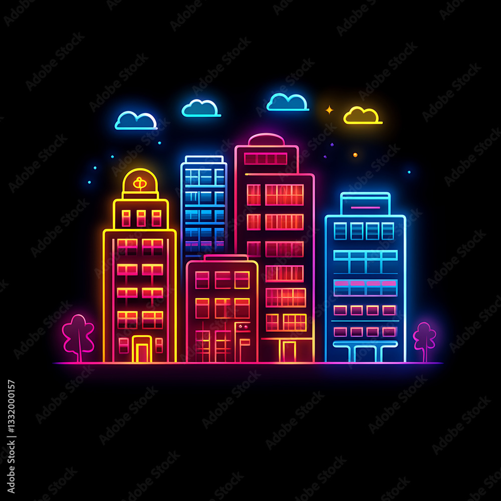 City skyline illuminated in vibrant colors against a dark background showcasing modern architecture and urban life