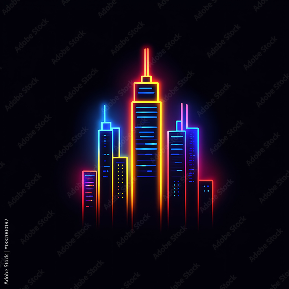 City skyline illuminated in vibrant colors against a dark background showcasing modern architecture and urban life