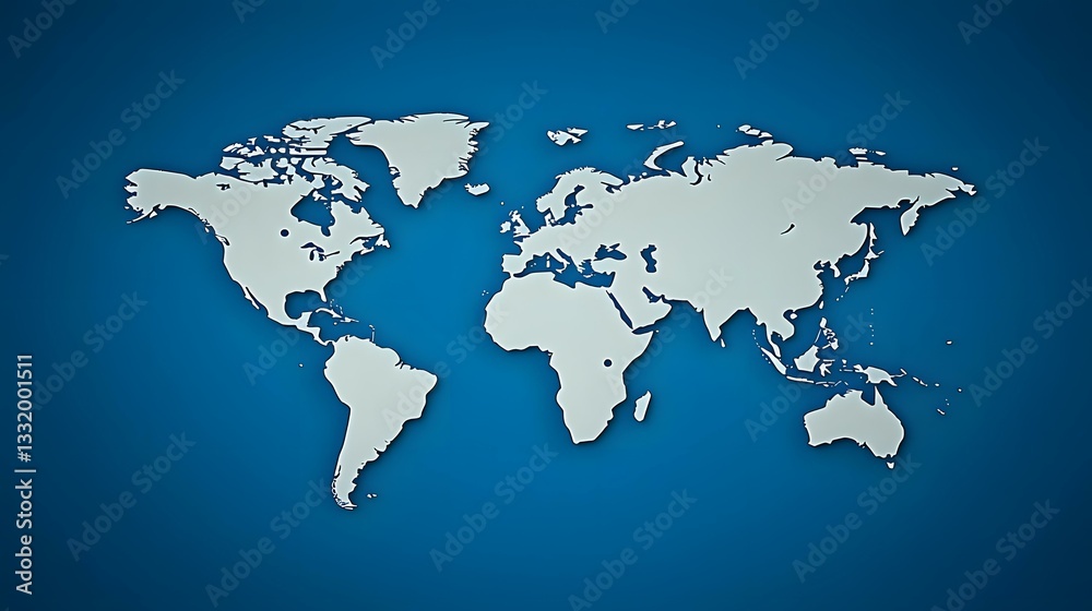 The image contains a simplified, three-dimensional world map rendered in light gray against a dark blue background. The image contains a simplified, three-dimensional world map rendered in light gray against a dark blue background.