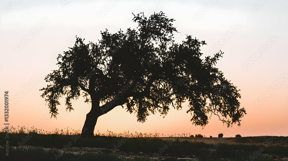 Obraz premium Silhouette of a lone tree at sunset in a field. Peaceful landscape ideal for meditation or nature themes