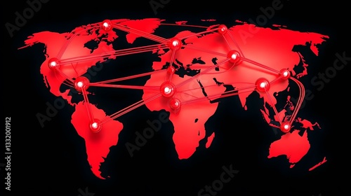 A red world map is shown on a black background with glowing red nodes interconnected by red lines, illustrating a global network.