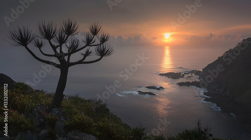 Sunrise over coastal cliffs, silhouetted tree, ocean sunrise, tranquil scene, nature photography