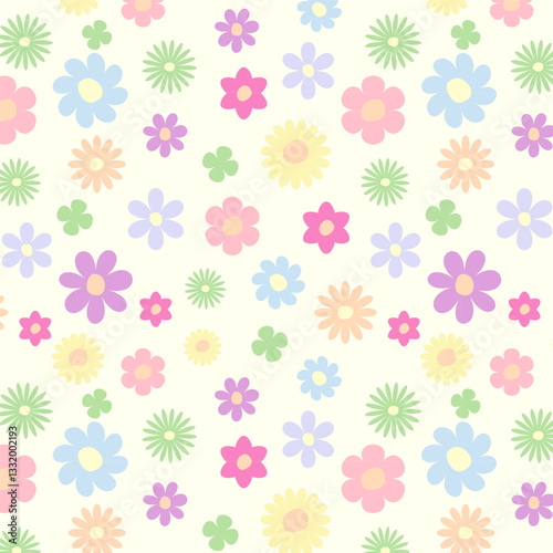 This vibrant floral pattern is filled with fun pastel shades including pink, blue, yellow and green. A variety of flowers including daisies and large blooms are evenly distributed across a light