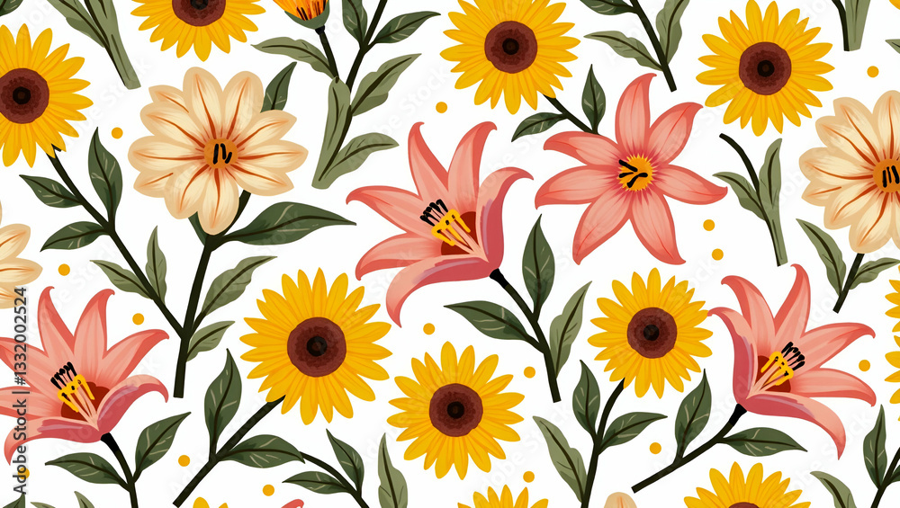Flat Bright and bold spring flower seamless pattern with lilies and sunflowers for energetic rooms concept as Bold and vibrant spring flowers like lilies and sunflowers arranged seamlessly for bright Flat Bright and bold spring flower seamless pattern with lilies and sunflowers for energetic rooms concept as Bold and vibrant spring flowers like lilies and sunflowers arranged seamlessly for bright
