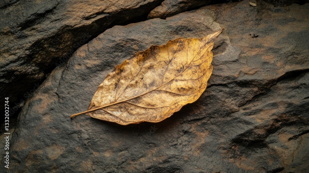 A single dried leaf rests peacefully on a textured stone surface A single dried leaf rests peacefully on a textured stone surface