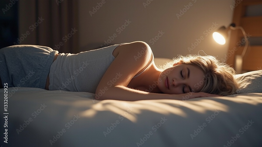 Obraz premium Woman peacefully sleeping on a bed under a warm bedside lamp at night, promoting relaxation and healthy sleep habits.